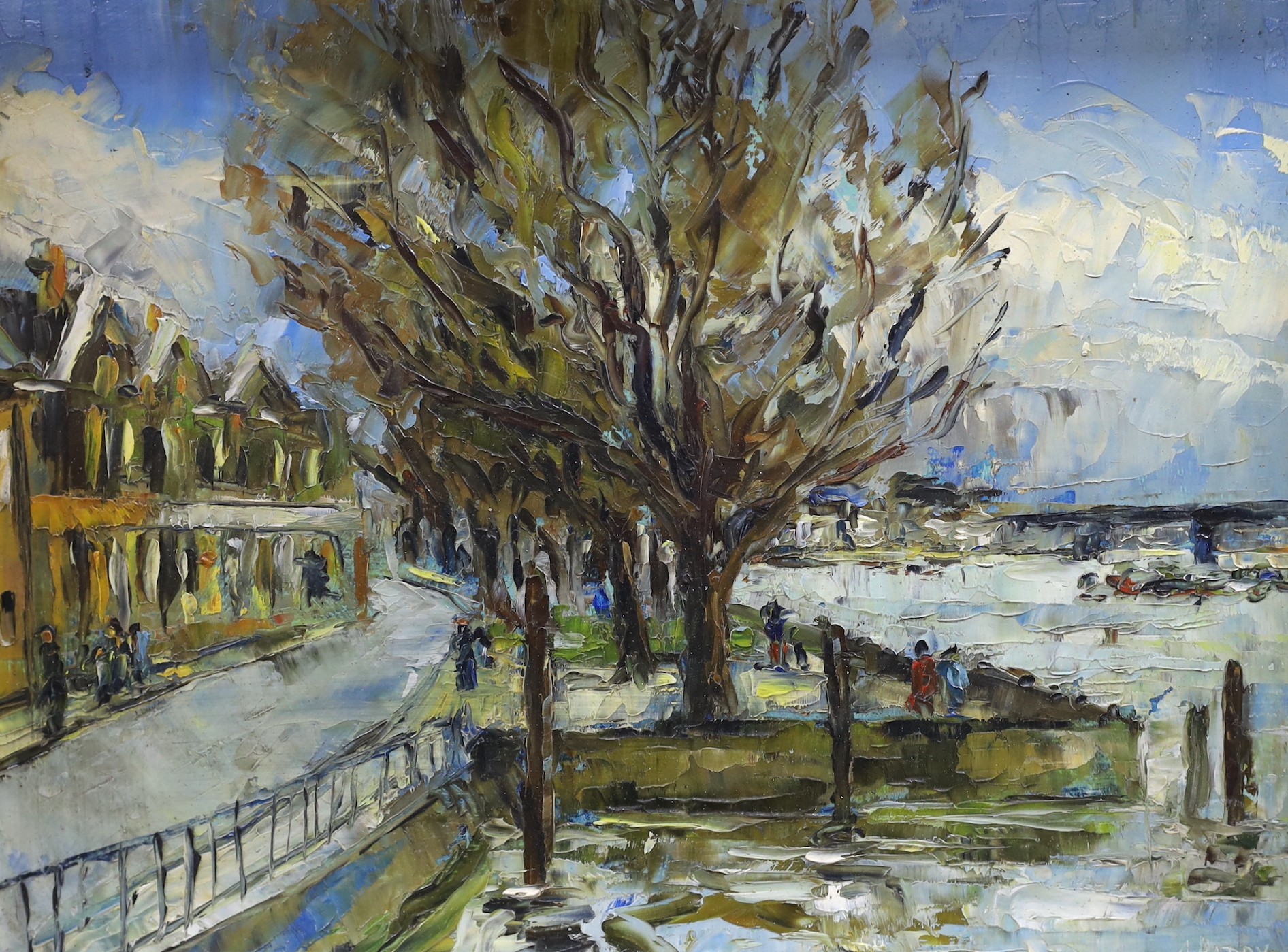 A. Hardy, 20th century, oil on board, Riverside town, signed, 21 x 29cm